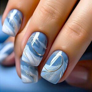 Nails Blue Wave Swirls Glitter Press On 24 Stylish Glam Trendy Reusable Sexy Fun